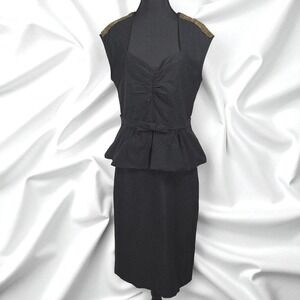 Stop Staring! Alicia Estrada Black Peplum‎ Dress Woman 14 Gold Beaded Shoulders
